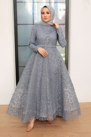 Tesettürlü Abiye Elbise - Robe de Soirée Islamique Grise 22510GR - 1