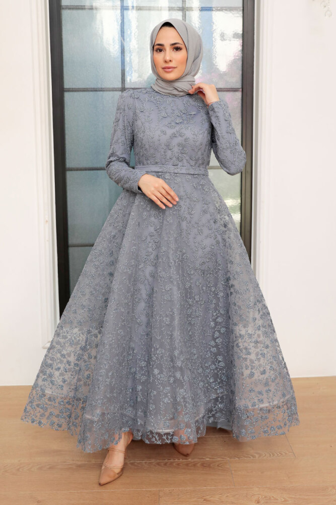 Tesettürlü Abiye Elbise - Robe de Soirée Islamique Grise 22510GR - 1