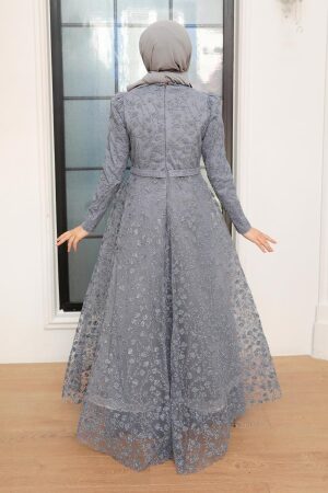 Tesettürlü Abiye Elbise - Robe de Soirée Islamique Grise 22510GR - 3