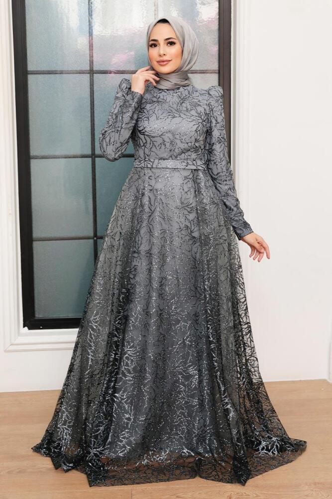 Tesettürlü Abiye Elbise - Robe de Soirée Islamique Grise 22602GR - 1