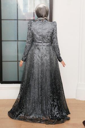 Tesettürlü Abiye Elbise - Robe de Soirée Islamique Grise 22602GR - 2