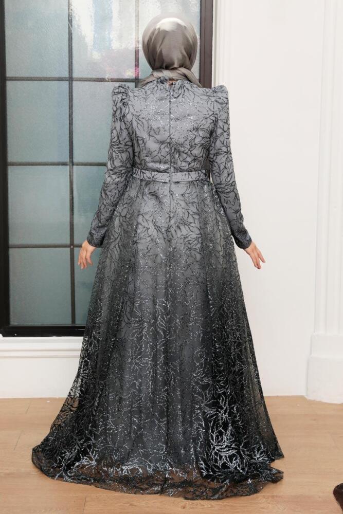 Tesettürlü Abiye Elbise - Robe de Soirée Islamique Grise 22602GR - 2