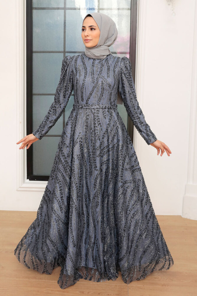Tesettürlü Abiye Elbise - Robe de Soirée Islamique Grise 22661GR - 1