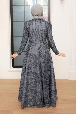 Tesettürlü Abiye Elbise - Robe de Soirée Islamique Grise 22661GR - 2