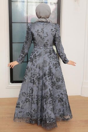 Tesettürlü Abiye Elbise - Robe de Soirée Islamique Grise 22662GR - 3