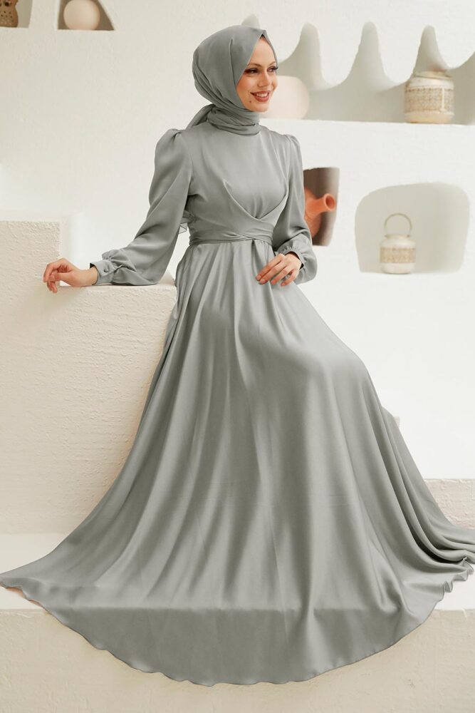 Tesettürlü Abiye Elbise - Robe de Soirée Islamique Grise 3064GR - 1