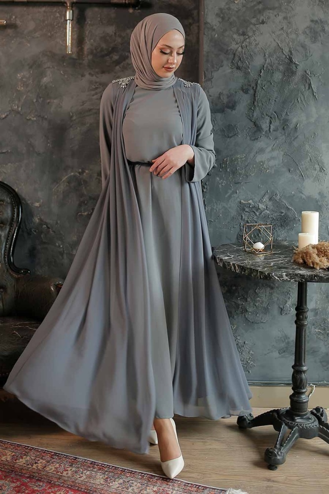 Tesettürlü Abiye Elbise - Robe de soirée islamique grise 347500GR - 1