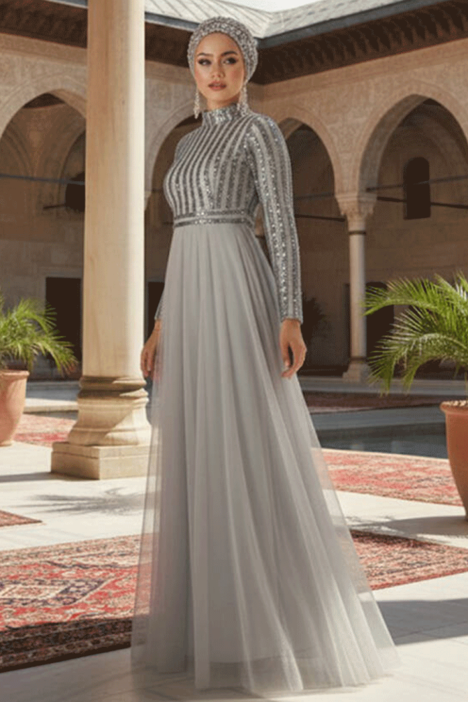 Tesettürlü Abiye Elbise - Robe de soirée islamique grise 5338GR - 1