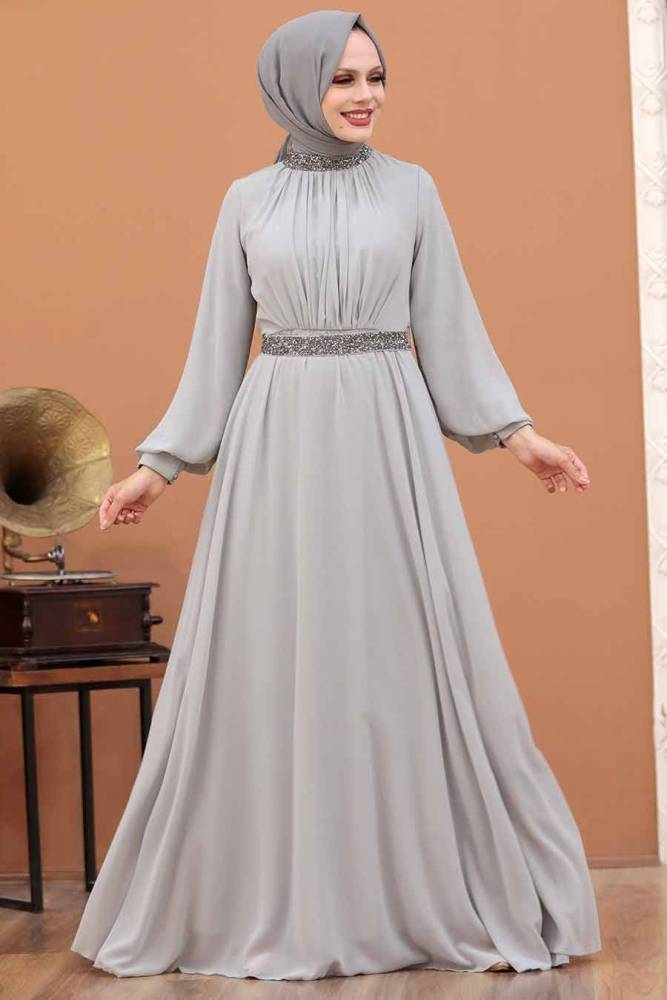 Tesettürlü Abiye Elbise -Robe de soirée islamique grise 5339 GR - 1