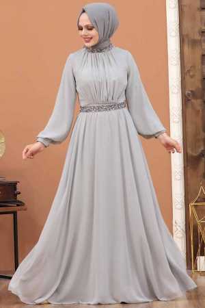 Tesettürlü Abiye Elbise -Robe de soirée islamique grise 5339 GR - 3