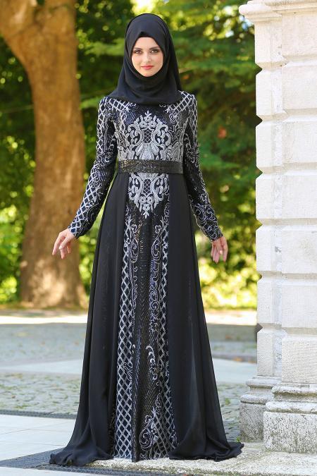 Tesettürlü Abiye Elbise - Robe de soirée islamique grise 7553GR - 1