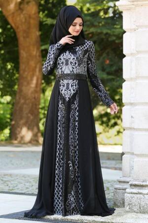 Tesettürlü Abiye Elbise - Robe de soirée islamique grise 7553GR - 2