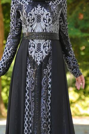 Tesettürlü Abiye Elbise - Robe de soirée islamique grise 7553GR - 4