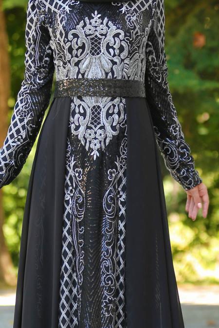 Tesettürlü Abiye Elbise - Robe de soirée islamique grise 7553GR - 4
