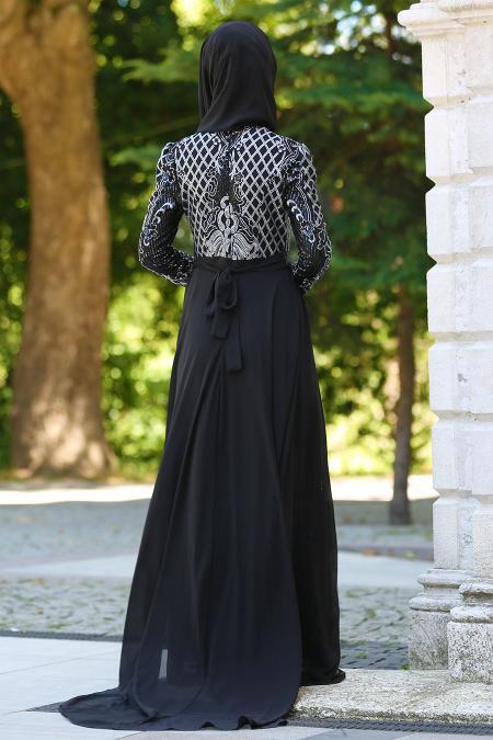 Tesettürlü Abiye Elbise - Robe de soirée islamique grise 7553GR - 3