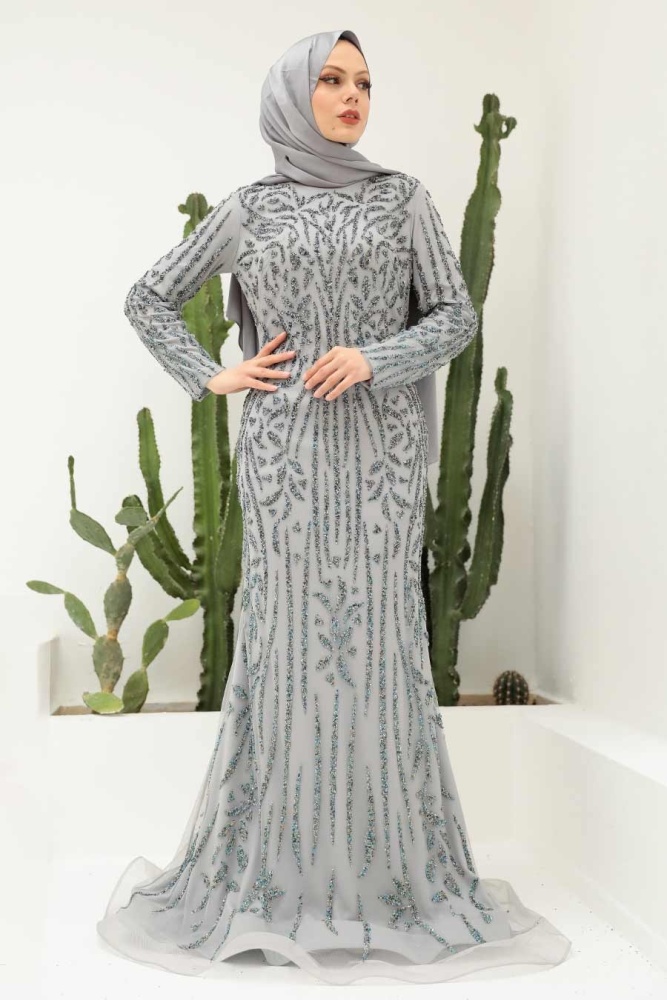 Tesettürlü Abiye Elbise - Robe de Soirée Islamique Grise 820GR - 1