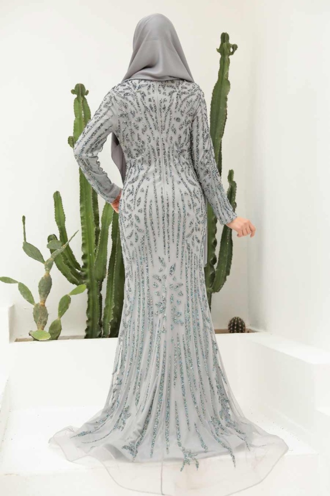 Tesettürlü Abiye Elbise - Robe de Soirée Islamique Grise 820GR - 2