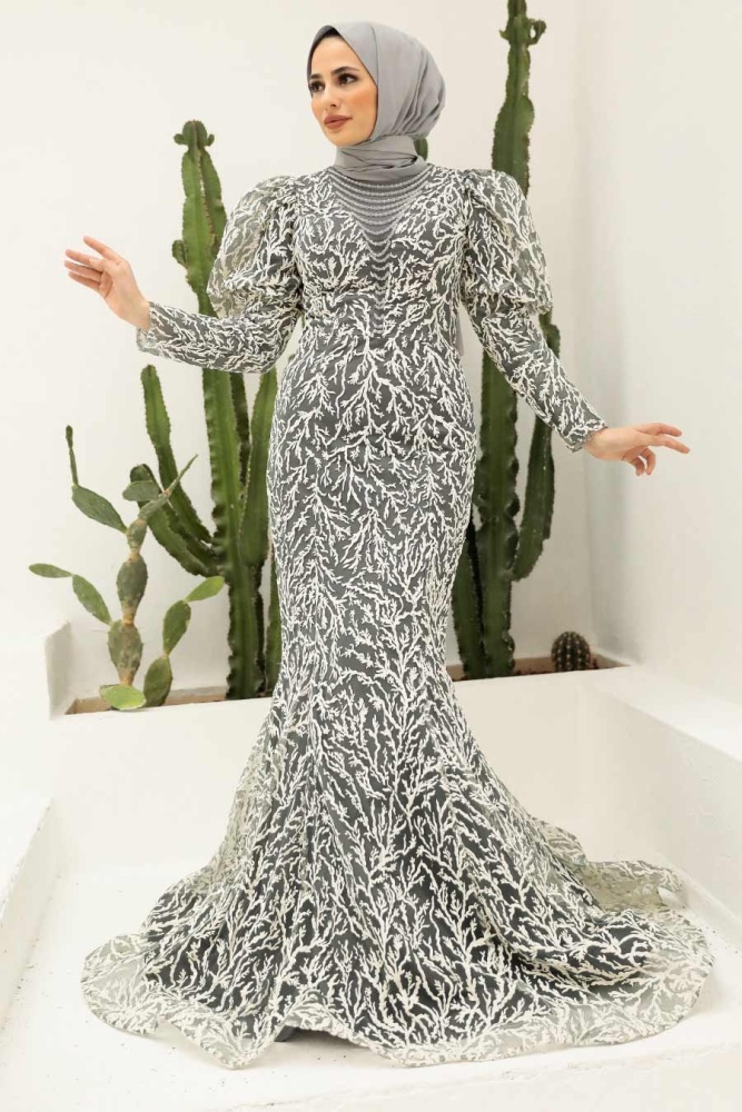 Tesettürlü Abiye Elbise - Robe de Soirée Islamique Grise 865GR - 1