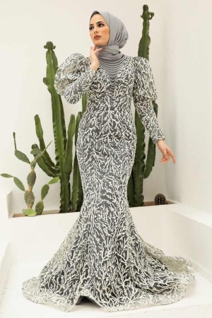 Tesettürlü Abiye Elbise - Robe de Soirée Islamique Grise 865GR - 2