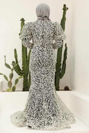 Tesettürlü Abiye Elbise - Robe de Soirée Islamique Grise 865GR - 3