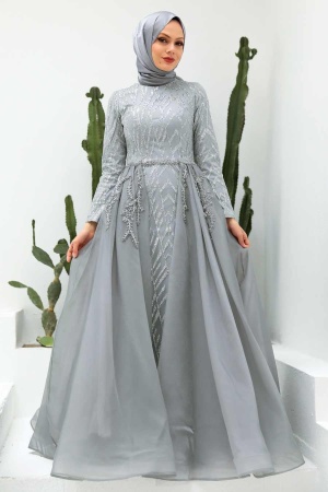 Tesettürlü Abiye Elbise - Robe de Soirée Islamique Grise 950GR - 1