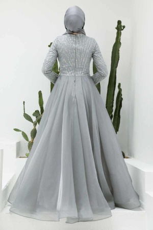 Tesettürlü Abiye Elbise - Robe de Soirée Islamique Grise 950GR - 4
