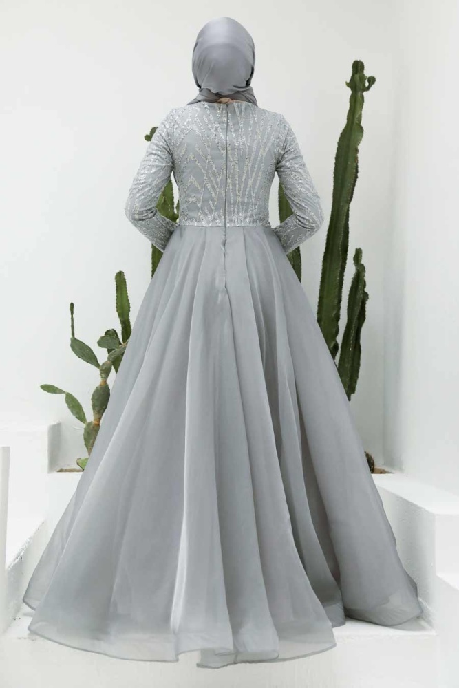 Tesettürlü Abiye Elbise - Robe de Soirée Islamique Grise 950GR - 4