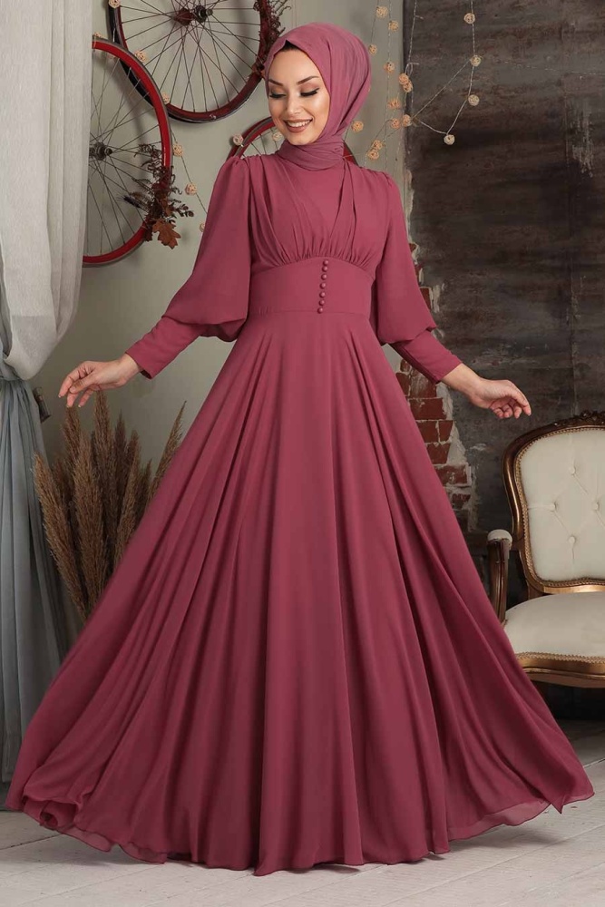 Tesettürlü Abiye Elbise - Robe de soirée islamique à la rose séchée 53810GK - 1