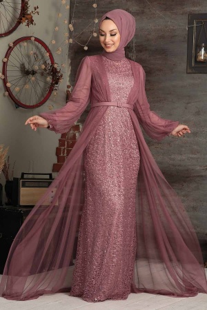 Tesettürlü Abiye Elbise - Robe de soirée islamique à la rose séchée 5383GK - 1