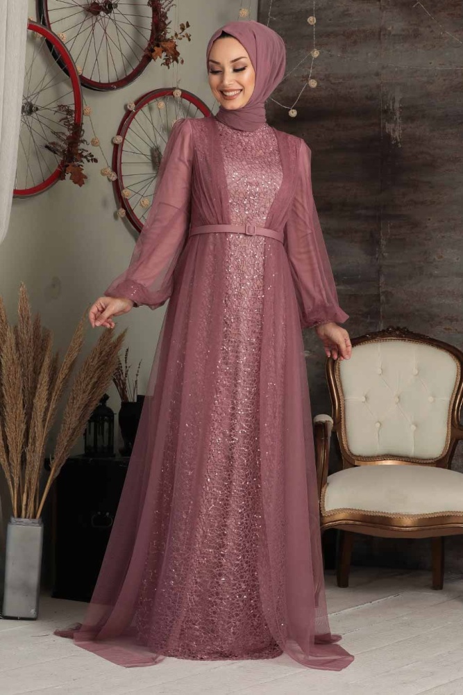 Tesettürlü Abiye Elbise - Robe de soirée islamique à la rose séchée 5383GK - 2