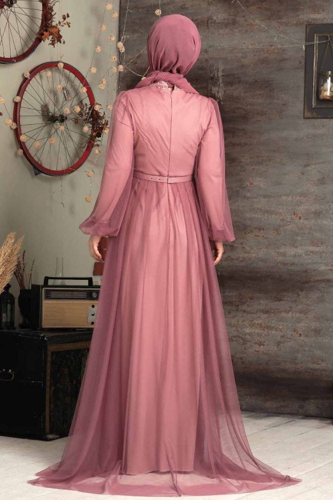 Tesettürlü Abiye Elbise - Robe de soirée islamique à la rose séchée 5383GK - 3
