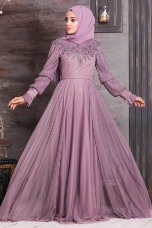 Tesettürlü Abiye Elbise - Robe de soirée islamique lilas 21780LILA - 1