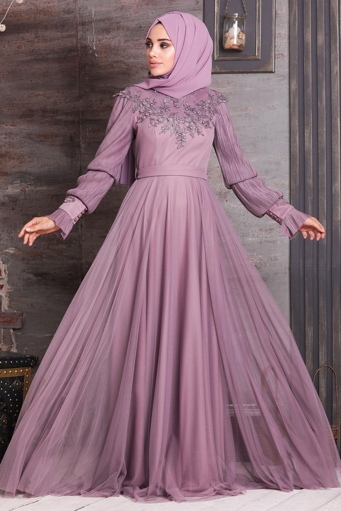 Tesettürlü Abiye Elbise - Robe de soirée islamique lilas 21780LILA - 1