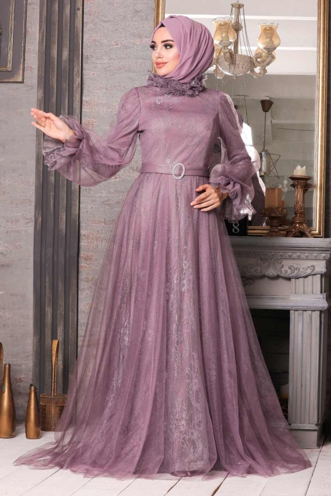 Tesettürlü Abiye Elbise - Robe de soirée islamique lilas 21820LILA - 1