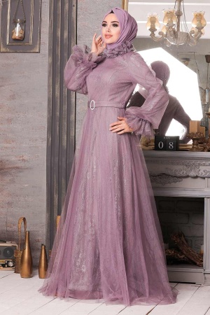 Tesettürlü Abiye Elbise - Robe de soirée islamique lilas 21820LILA - 2