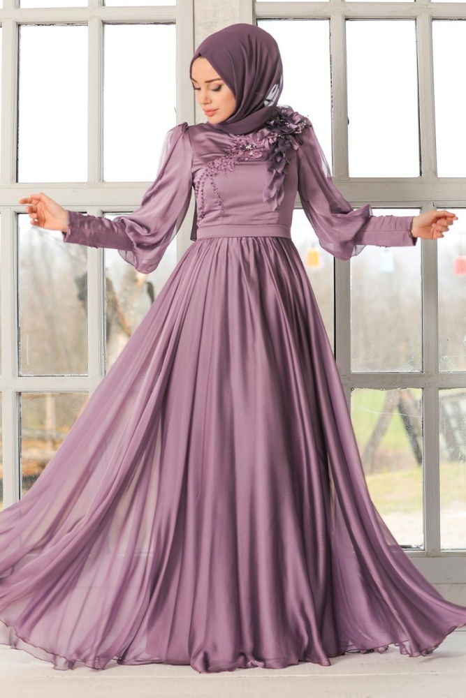 Tesettürlü Abiye Elbise - Robe de soirée islamique lilas 21960LILA - 1