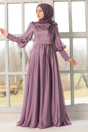 Tesettürlü Abiye Elbise - Robe de soirée islamique lilas 21960LILA - 2