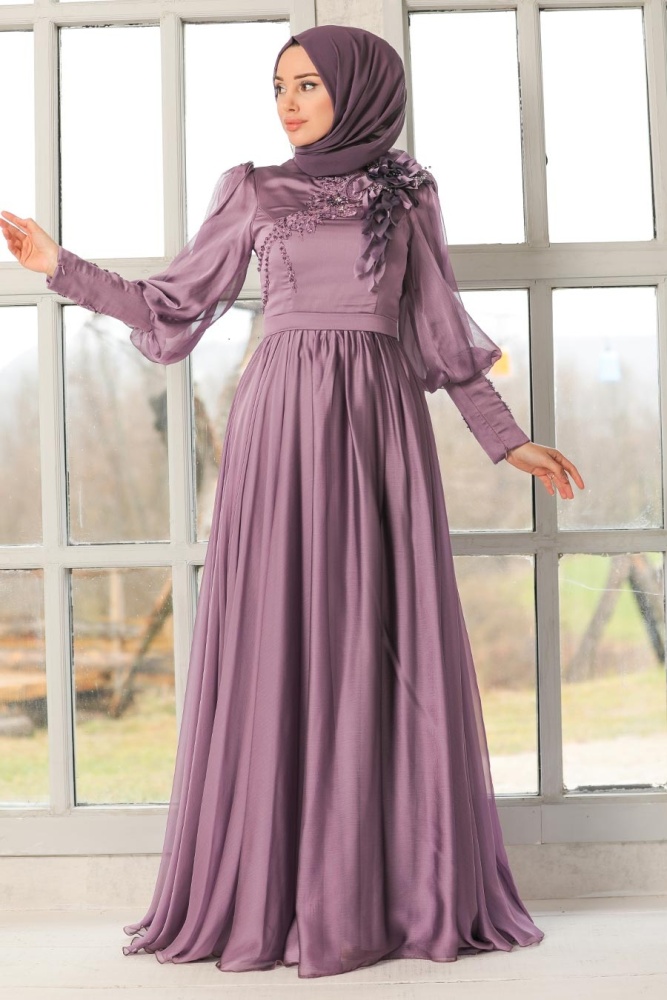 Tesettürlü Abiye Elbise - Robe de soirée islamique lilas 21960LILA - 2