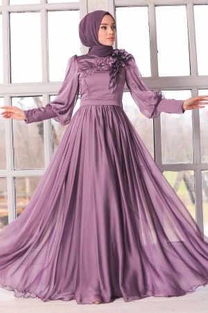 Tesettürlü Abiye Elbise - Robe de soirée islamique lilas 21960LILA - 3