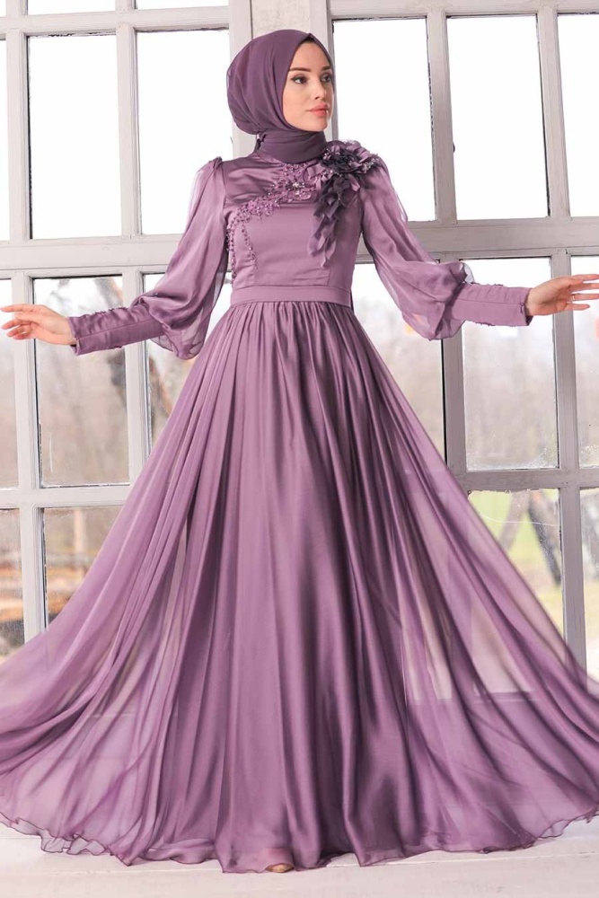 Tesettürlü Abiye Elbise - Robe de soirée islamique lilas 21960LILA - 3