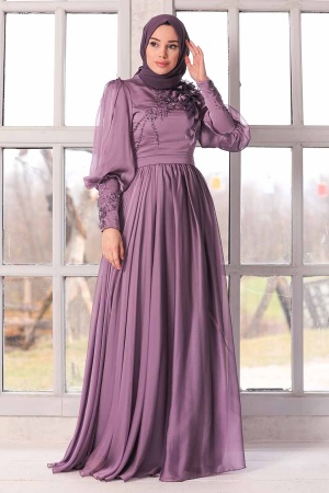 Tesettürlü Abiye Elbise - Robe de soirée islamique lilas 21960LILA - 4