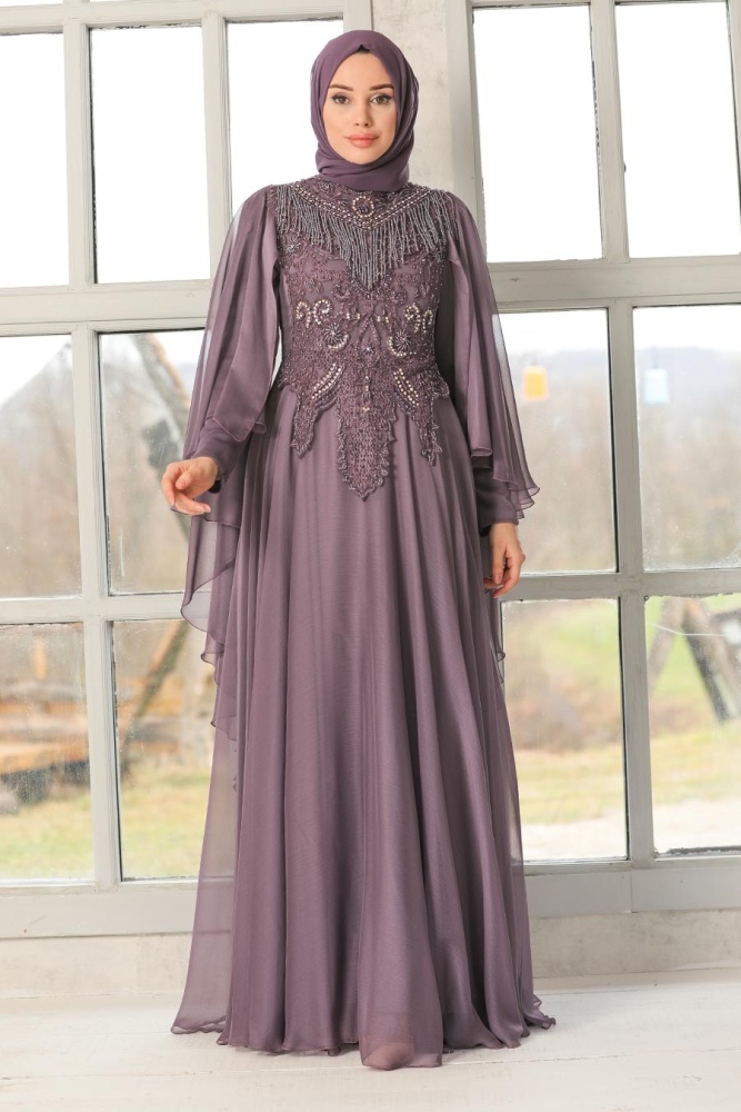 Tesettürlü Abiye Elbise - Robe de soirée islamique lilas 21970LILA - 1