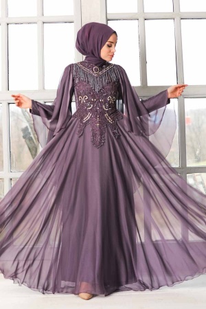 Tesettürlü Abiye Elbise - Robe de soirée islamique lilas 21970LILA - 2