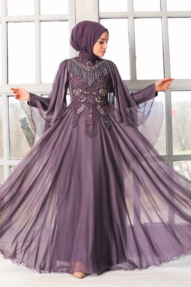 Tesettürlü Abiye Elbise - Robe de soirée islamique lilas 21970LILA - 2