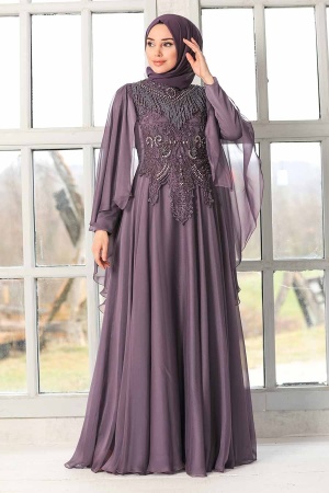 Tesettürlü Abiye Elbise - Robe de soirée islamique lilas 21970LILA - 3