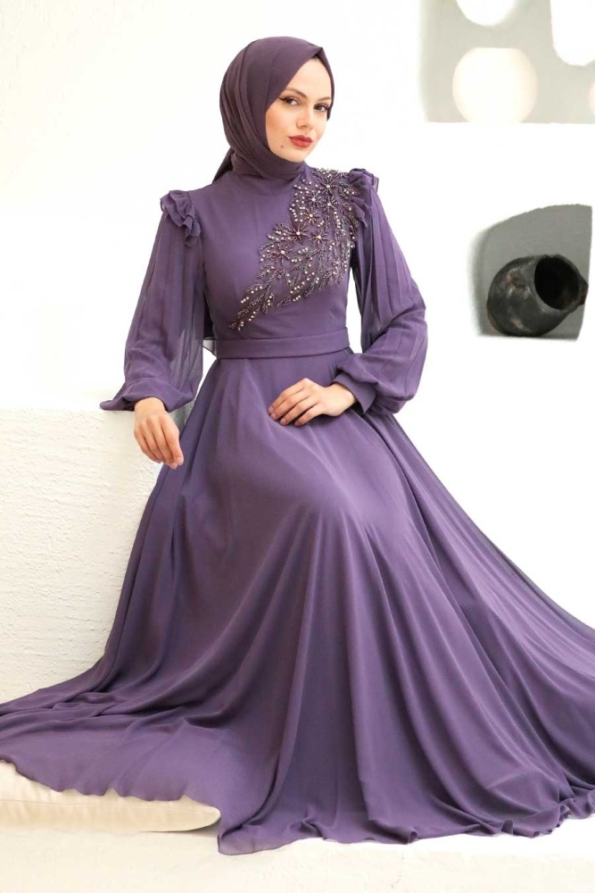 Tesettürlü Abiye Elbise - Robe de soirée islamique lilas 22110LILA - 1