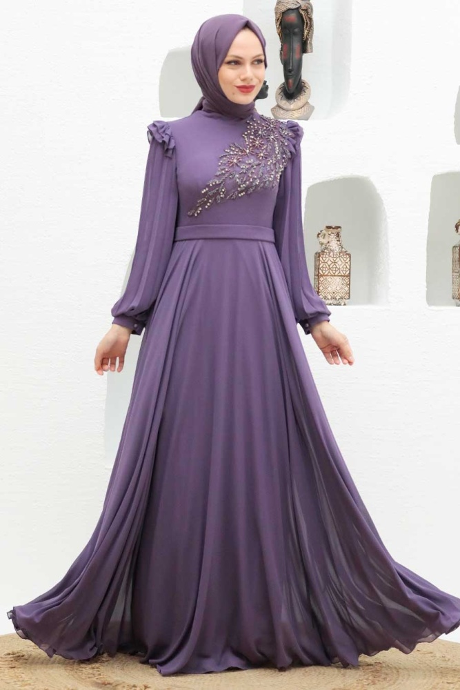 Tesettürlü Abiye Elbise - Robe de soirée islamique lilas 22110LILA - 3