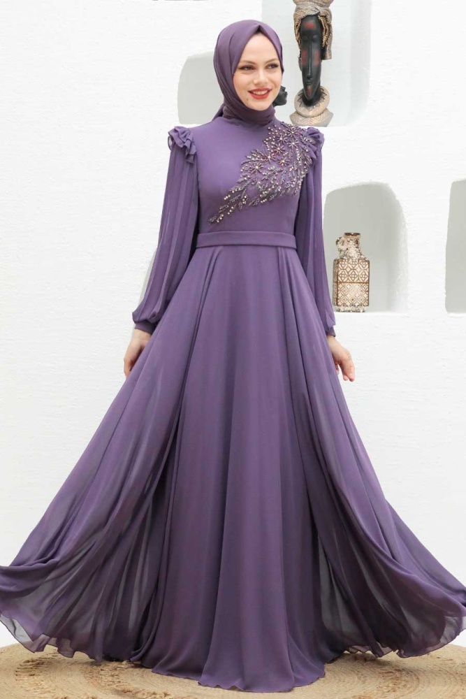 Tesettürlü Abiye Elbise - Robe de soirée islamique lilas 22110LILA - 4