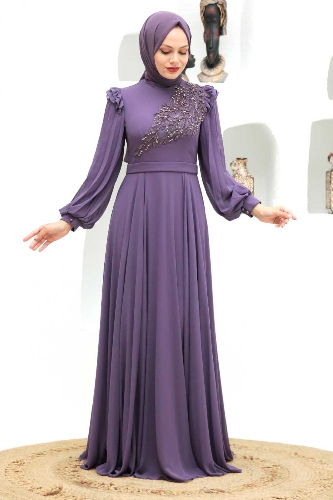 Tesettürlü Abiye Elbise - Robe de soirée islamique lilas 22110LILA - 5