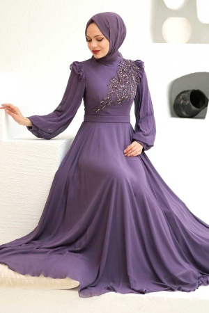 Tesettürlü Abiye Elbise - Robe de soirée islamique lilas 22110LILA - 2